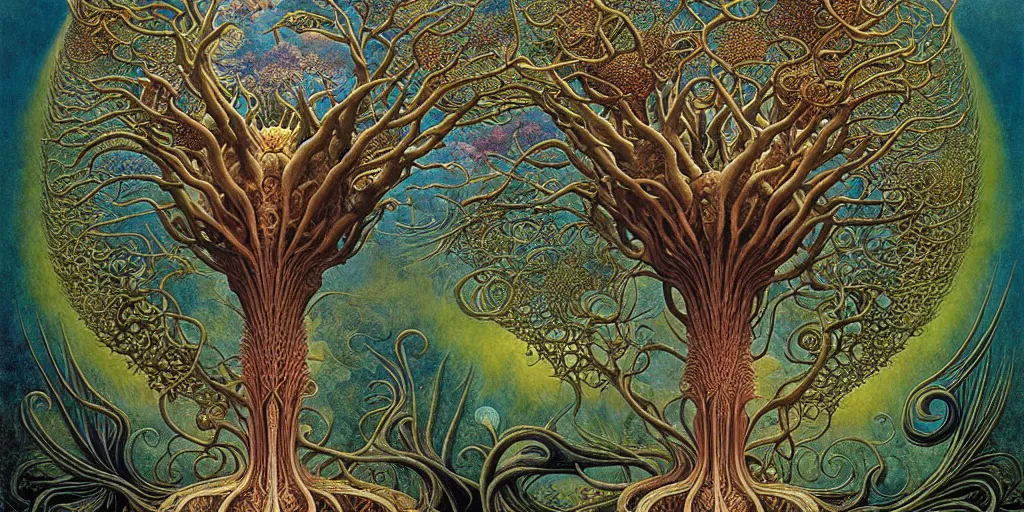 Image similar to tree of life by roger dean and andrew ferez, art forms of nature by ernst haeckel, divine chaos engine, symbolist, visionary, art nouveau, botanical fractal structures, organic, detailed, realistic, surreality