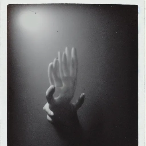 Image similar to old polaroid of a giant demon hand apearing in a dark spot of a room, black and white