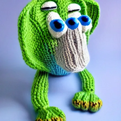 Prompt: squidward as cute knitted