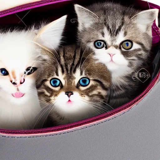 Prompt: lots of furry cats inside a big handbag, the handbag is over a wood table, stock photo, gray background, studio lighting, detailed photo, 4 k, 8 k