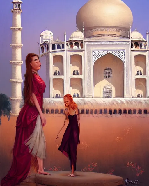 Prompt: tuesday weld visits the taj mahal by charlie bowater, by francine van hove, by alex horley, by tom chambers, by victor prezio