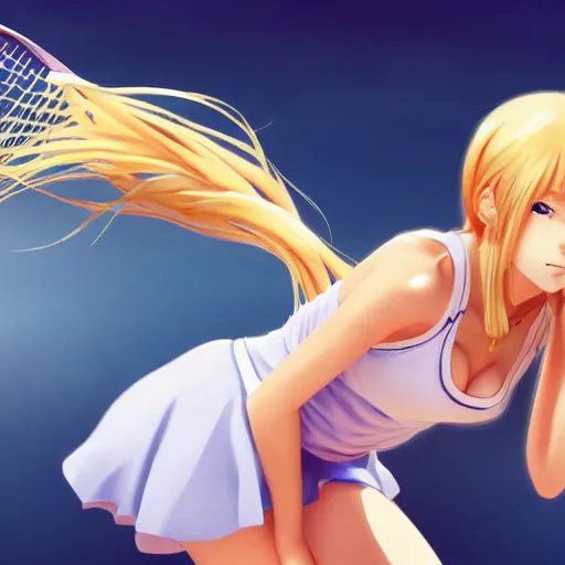 Image similar to a very beautiful young anime tennis girl, full body, long wavy blond hair, sky blue eyes, full round face,, bikini, miniskirt, front view, mid - shot, highly detailed, cinematic wallpaper by stanley artgerm lau