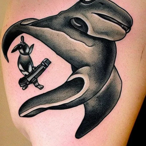 Prompt: Rabbit holding gun in his paws, riding on a killer whale style of traditional American tattoo by Sailor Jerry