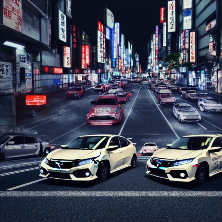 Image similar to a car Honda Civic turbo illegal meeting, detailed-wheels, Shibuya Shibuya, cinematic color, photorealistic, highly detailed, night photography