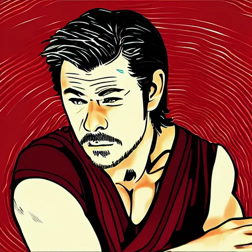 Prompt: chris hemsworth, digital art, utamaro kitagawa style