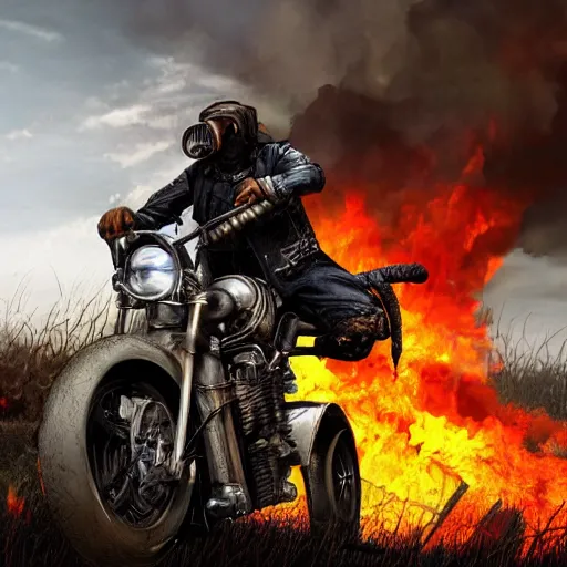 Prompt: post apocalyptic, biker with helmet in front of crashed airplane burning, photorealistic, highly detailed