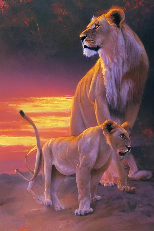 Image similar to spiritual twin flame lioness art pink sunset hue highly detailed oil painting hue by craig mullins