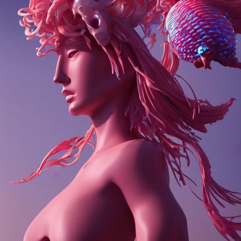 Image similar to goddess full painted acryllic sculpture close-up portrait. orchid bird phoenix jellyfish betta fish, intricate artwork by Tooth Wu and wlop and beeple. octane render, trending on artstation, greg rutkowski very coherent symmetrical artwork. cinematic, hyper realism, high detail, octane render, 8k