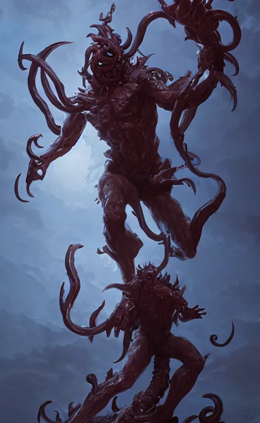 Prompt: four armed statue of a demon of the moon ascending from hell, four arms, dramatic lighting, jagged tendrils, artstation, concept art, smooth, sharp focus, illustration, art by greg rutkowski