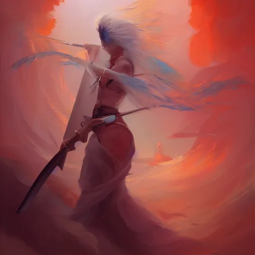 Image similar to a painting of a woman holding a sword, a digital painting by peter mohrbacher, trending on artstation, metaphysical painting, speedpainting, made of feathers, digital painting, painting made of feathers mist and cloud, the woman made of curly silk with red edges