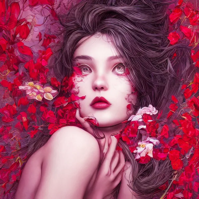 Image similar to studio portrait absurdly beautiful, elegant, graceful, young hypercolorful sensual teen girl rubies and red petals, ultrafine hyperrealistic detailed face illustration by kim jung gi, irakli nadar, intricate linework, sharp focus, bright colors, matte, octopath traveler, final fantasy, unreal engine highly rendered, global illumination, radiant light, intricate environment
