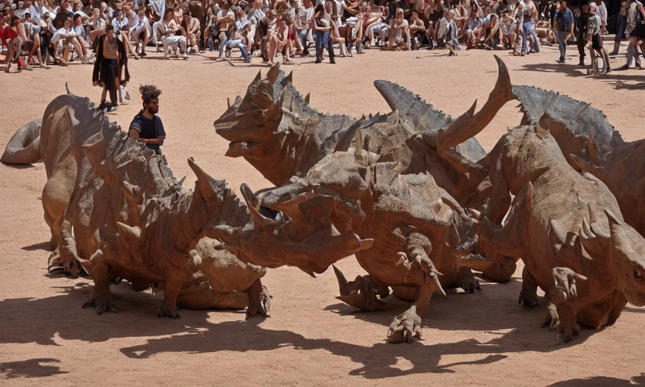 Image similar to a troubadour facing off against a horned dinosaur in the plaza de toros, madrid. extreme long shot, midday sun, kodachrome