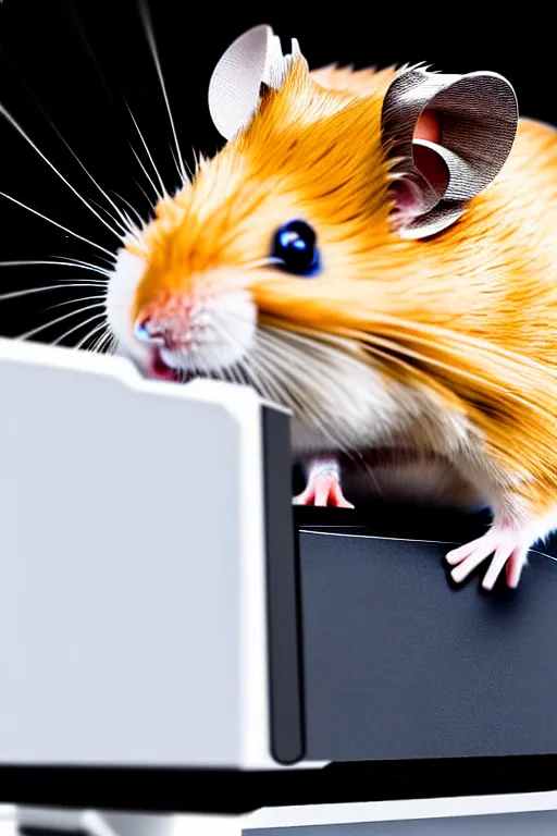 Image similar to a hamster using a gaming pc, 8 k, award winning photograph, portrait, detailed face, highly - detailed