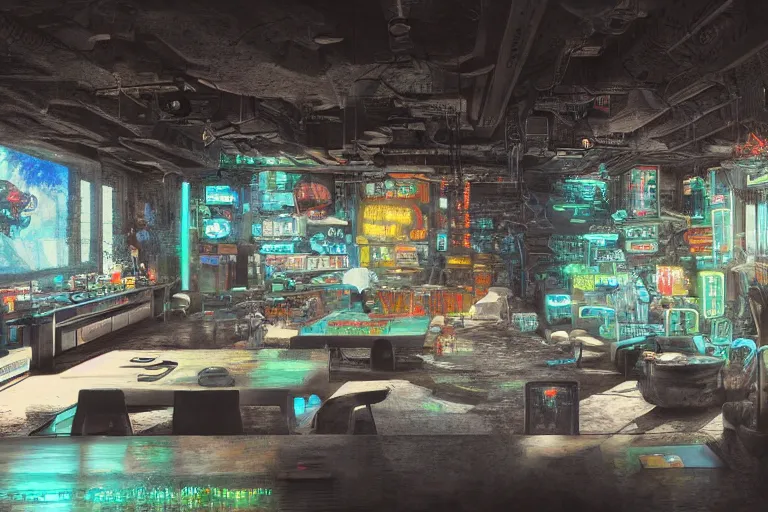 Image similar to ultra mega super hyper realistic Digital concept interior design in style of Hiromasa Ogura and Josan Gonzalez of cyberpunk tavern with stone walls and neon lights, a lot of electronics, many details in style of Hiromasa Ogura and Josan Gonzalez. Natural white sunlight from the transperient roof. Rendered in VRAY and DaVinci Resolve and MAXWELL and LUMION 3D, Volumetric natural light