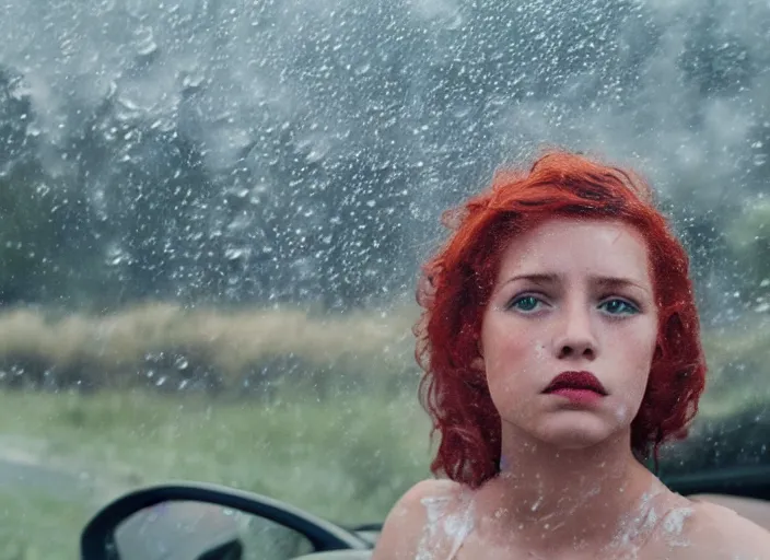 Image similar to A very high resolution image from a new movie, landscape from a car window , teen red hair woman, raining, hot, directed by wes anderson