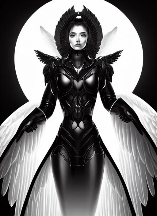 Prompt: portrait of an angel in heaven, female, huge black symmetric wings, obsidian black heavy armor, balance, by artgerm, rossdraws, sakimichan, digital illustration, chiaroscuro