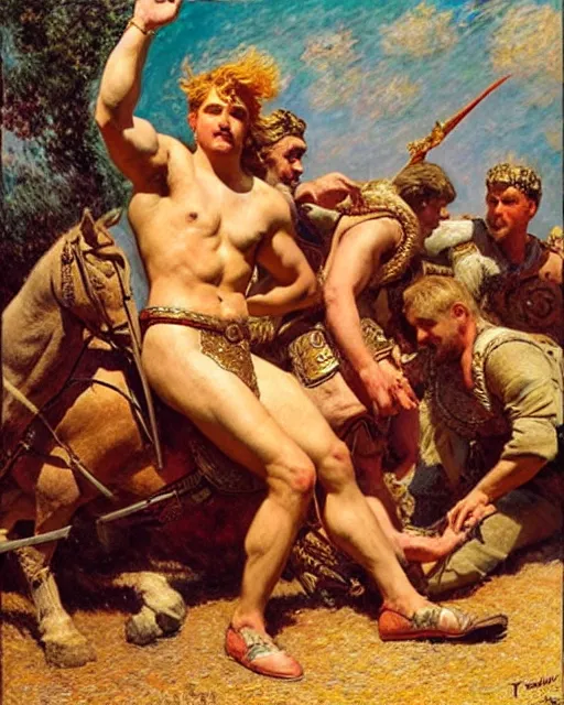 Image similar to heroic alexander the great stands upon the mighty and fallen achilles, he is victorious and gleeful, painting by tom of finland, gaston bussiere, craig mullins, j. c. leyendecker, claude monet