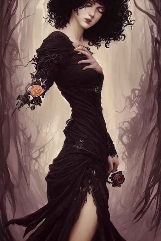 Image similar to beautiful gothic female with black roses surrounding her, Black Hair, intricate, elegant, highly detailed, digital painting, artstation, concept art, smooth, sharp, focus, illustration, art by artgerm and greg rutkowski and alphonse mucha