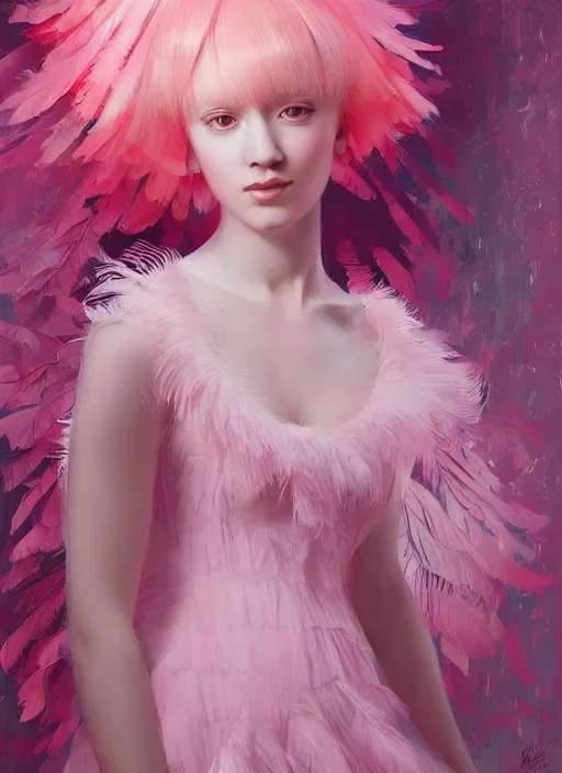 Image similar to beautiful young girl with an pink eccentric haircut wearing an dress made of feathers, artwork made by ilya kuvshinov, inspired in donato giancola, hd, ultra realistic, reflection, stage