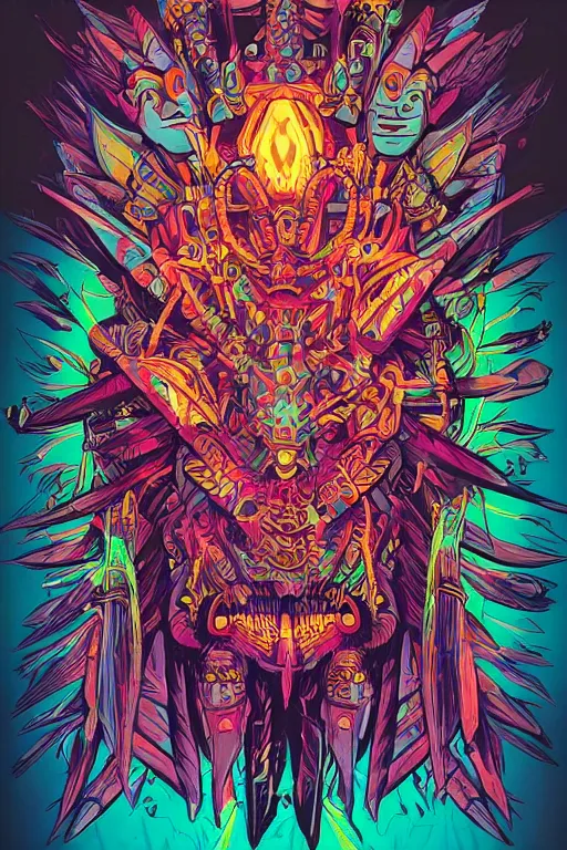 Image similar to totem animal tribal chaman vodoo mask feather gemstone plant video game illustration vivid color borderlands by josan gonzales and dan mumford radiating a glowing aura