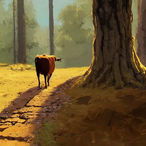 Prompt: closeup of a cow shit in the middle of the path, excrement, pinewoods, avila mountains. by craig mullins, steve purcell, ralph mcquarrie. trending on artstation. fashion, centered image