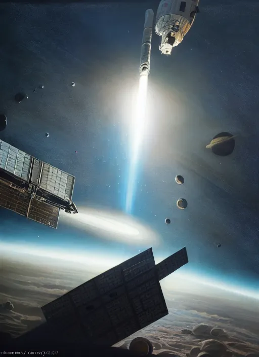 Image similar to hyper realistic sci - fi matte concept art painting of a space satellite shooting a laser down to earth below, beautiful details, strong composition painted by kim jung guweta studio rutkowski, james gurney and greg rutkowski, and lucasfilm, smooth, intricate, detailed, sharp focus, cinematic