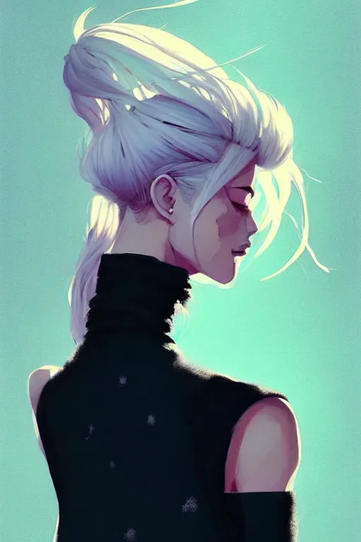 Prompt: a ultradetailed beautiful painting of a stylish woman in with white hair in a ponytail, she is wearing a black tank top and jeans, by conrad roset, greg rutkowski and makoto shinkai trending on artstation