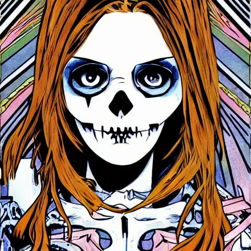 Image similar to anime manga skull portrait girl female profile skeleton astronaut illustration 80s art frank miller dirko and alphonse mucha pop art nouveau