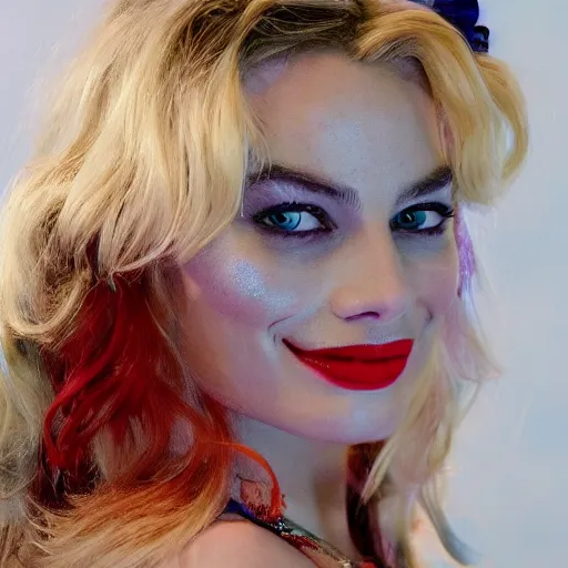 Image similar to a beautiful medium - shot of margot robbie as harley quinn, beautiful natural backlight, bokeh, by terry richardson