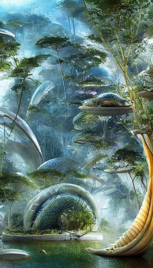 Prompt: beautiful portrait of bamboo living pods shaped like a sea shell built on the side of a cliff, the time machine, alien habitat, ufo by john berkey, panoramic view, ssci - fi, futuristic valley, rendered in octane, zbrush, art by artgerm, artwork by alex grey and brian froud and esao andrews and david hardy and arik brauer