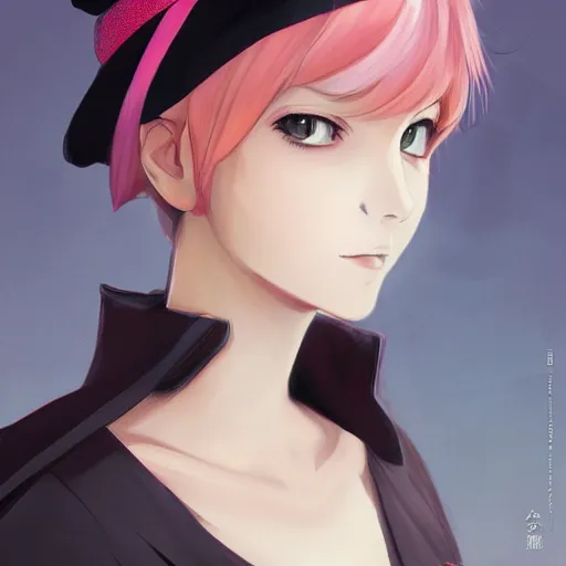 Image similar to anime portrait of an young European woman with short pink hair wearing a black French beret woman anime antagonist by Stanley Artgerm Lau, WLOP, Rossdraws, James Jean, Andrei Riabovitchev, Marc Simonetti, and Sakimichan, trending on artstation