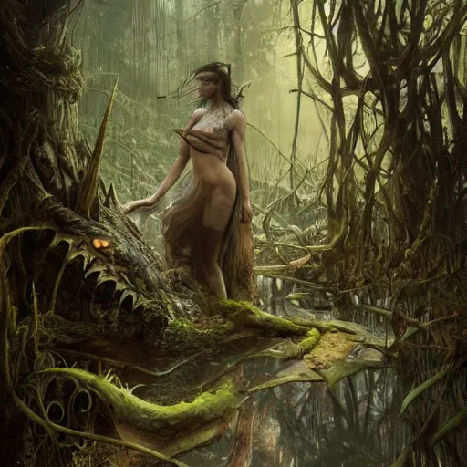 Prompt: rotten stem in the swamp at ddusk, ultra realistic, concept art, intricate details, eerie, highly detailed, photorealistic, octane render, 8 k, unreal engine. art by ed binkley and ellen jewett and artgerm and greg rutkowski and alphonse mucha