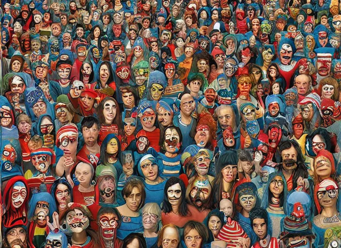 Image similar to where's waldo, creepy people, lowbrow, matte painting, 3 - d highly detailed, in the style of richard corbin