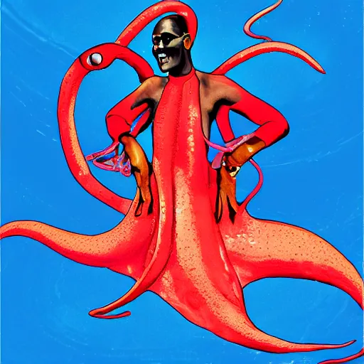 Image similar to grace jones riding on a giant squid, digital art