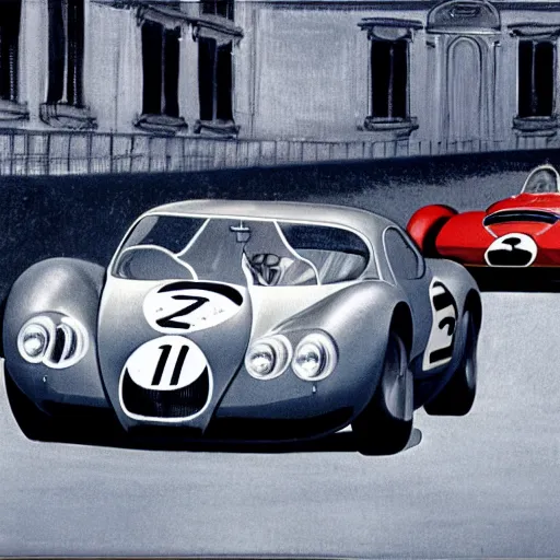 Image similar to bugatti type c, rdodge m 4 s, 1 9 6 0's le mans, ralph maquarrie and syd mead cinematic matte painting, 4 k