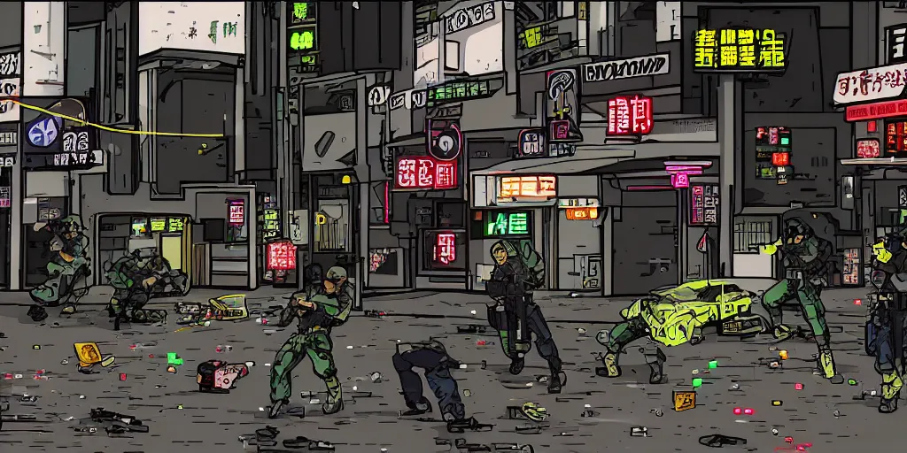 Prompt: 1992 Video Game Screenshot, Anime Neo-tokyo Cyborg bank robbers vs police, Set in Cyberpunk Bank Vault, bags of money, Multiplayer set-piece :9, Police officers hit by bullets, Police Calling for back up, Bullet Holes and Blood Splatter, :6 ,Hostages, Smoke Grenades, Large Caliber Sniper Fire, Chaos, Cyberpunk, Money, Anime Bullet VFX, Machine Gun Fire, Violent Gun Action, Shootout, Escape From Tarkov, Payday 2, Highly Detailed, 8k :7 by Katsuhiro Otomo + Studio Gainax : 8