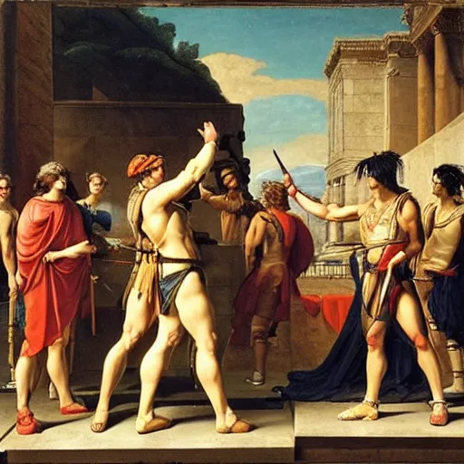 Image similar to muscular warrior women, roman women in armor, oath of the horatii, jacques - louis david