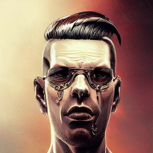 Image similar to character portrait of a retro punk man in a mohawk, shaved sides of head, dystopian cyberpunk steampunk soviet mood, intricate, wild, highly detailed, digital painting, artstation, upper body, concept art, smooth, sharp focus, illustration, art by artgerm and greg rutkowski and alphonse mucha