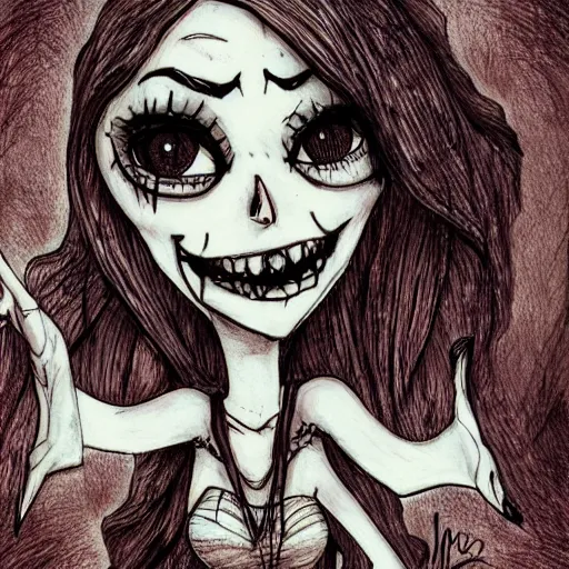 Prompt: grunge drawing of a cartoon beautiful woman with big eyes and a wide smile by mrrevenge, corpse bride style, horror themed, detailed, elegant, intricate