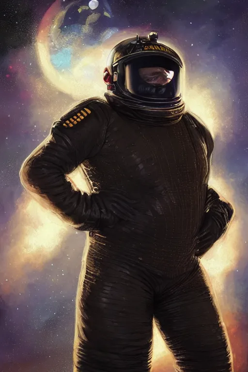 Image similar to portrait of a black baron harkonnen wearing leather spacesuit, detailed, sunshine, nebula space background, illustration by normal rockwell, artstation character art, adebanji alade, concept art, greg rutkowski