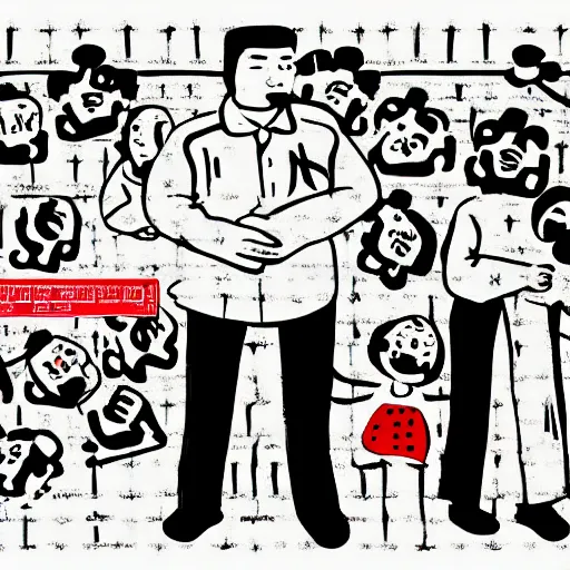 Image similar to uyghur Uighur family in a prison, heart kidney lungs, in the style of daniel johnston and outsider art, 4k, line brush, overlaid with chinese adverts