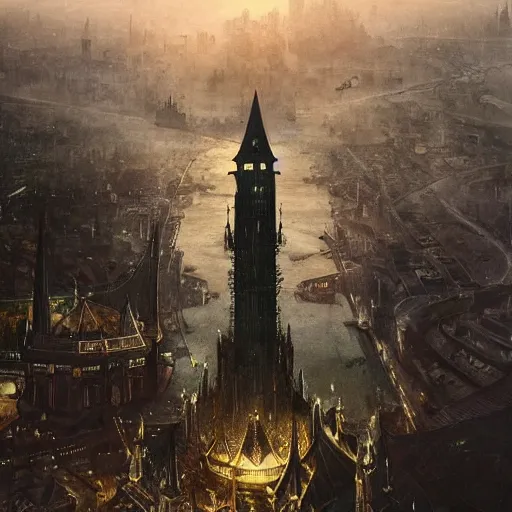 Image similar to an ultra detailed tarot card of a lonely and impossibly tall ominous gothic dark tower elevated high above the city, in a river elevated high above the city, fantasy capital city, ultrawide lense, aerial photography, volumetric lighting, exquisite detail, 8 k, art by greg rutkowski and alphonse mucha