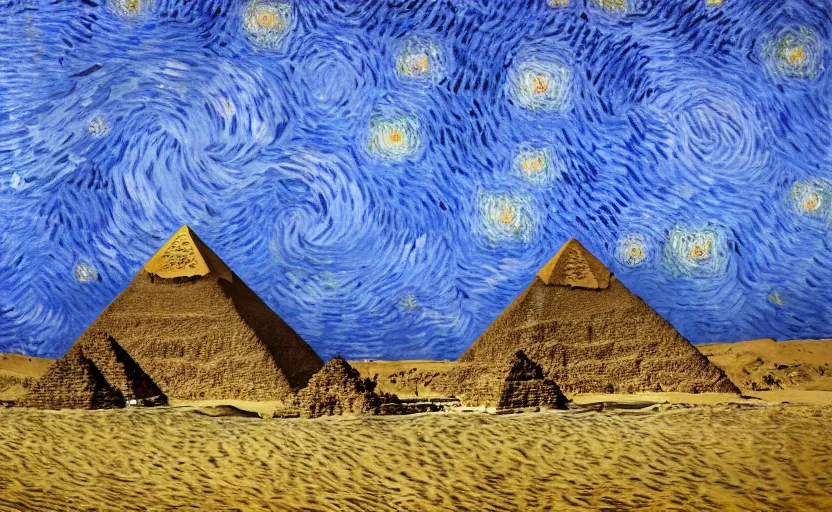 Image similar to The pyramids with Van gogh sky