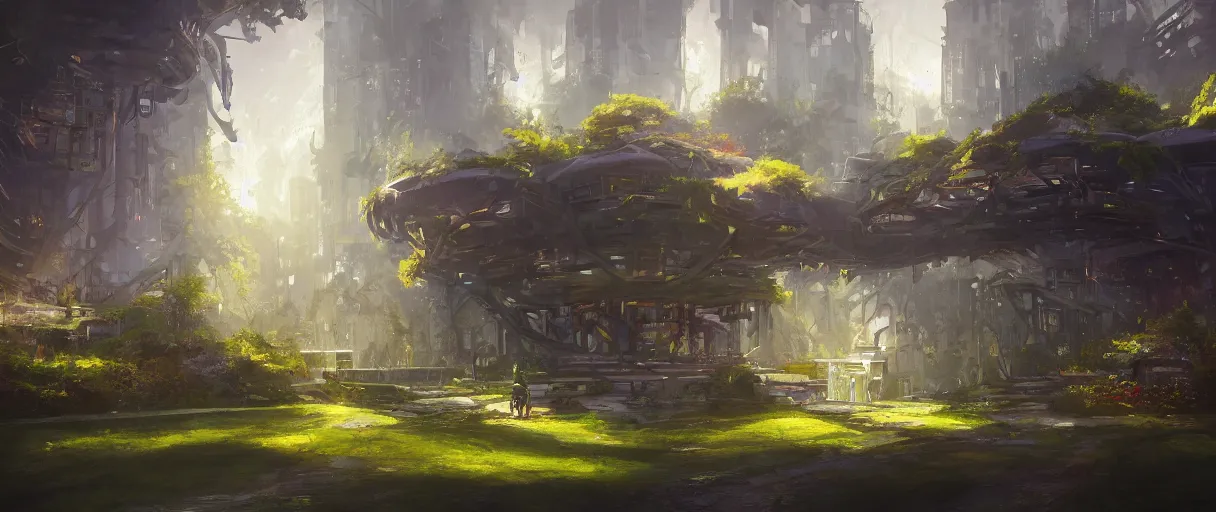 Prompt: modern academy city castle in the forest behind a garden, huge, concept art, digital painting, style of jordan grimmer, warm lighting, futuristic, volumetric lighting, view from below, vivid colours, bright, daytime, godrays, high detail
