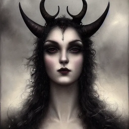 Prompt: By Tom Bagshaw, ultra realist soft painting portrait of zynoid curiosities carnival by night, very beautiful horned single dollpunk gothic fully dressed fading, symmetry accurate features, very intricate details, ominous sky, black and white, volumetric light clouds