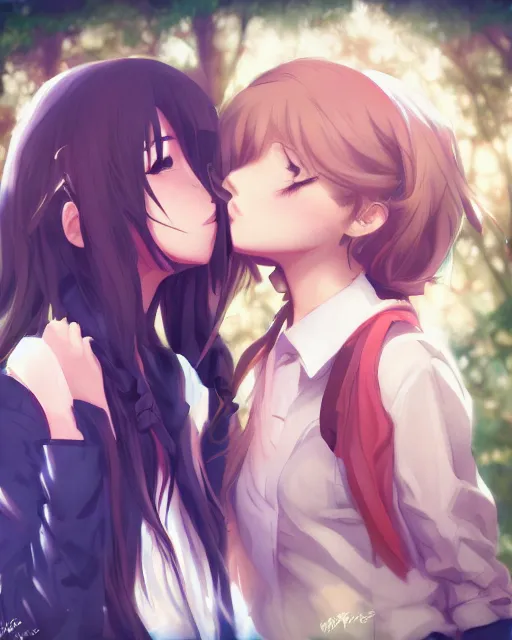 Image similar to portrait of two girls kissing, anime, drawn by WLOP, trending on Artstation