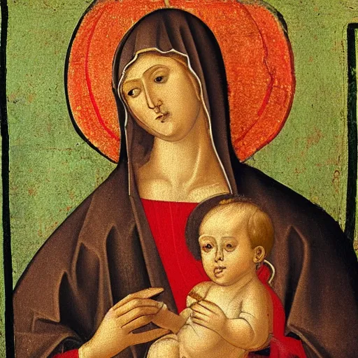 Prompt: Medieval painting of the Madonna, High definition, detailed details,