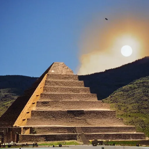 Prompt: Aztec pyramid, during an eclipse, with fires raging around