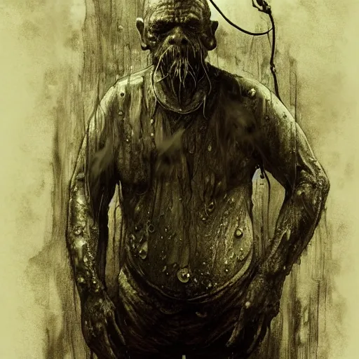 Image similar to wet collodion photography of innsmouth dweller mutant early xx century fisherman sailor old man with gills and scales creatures from the deep ocean by emil melmoth zdzislaw beksinki craig mullins yoji shinkawa realistic render ominous detailed photo atmospheric by jeremy mann francis bacon and agnes cecile ink drips paint smears digital glitches glitchart