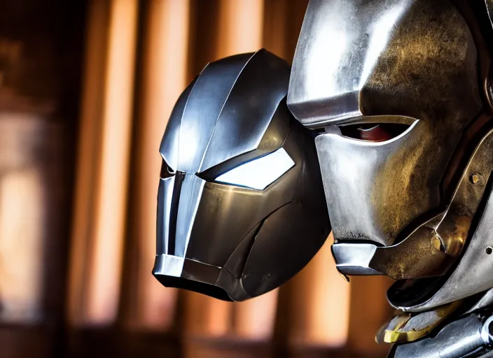 Prompt: a reflective steel engineering ironman - mask at a high end bar in a medieval themed castle in golden afternoon light, professional photography